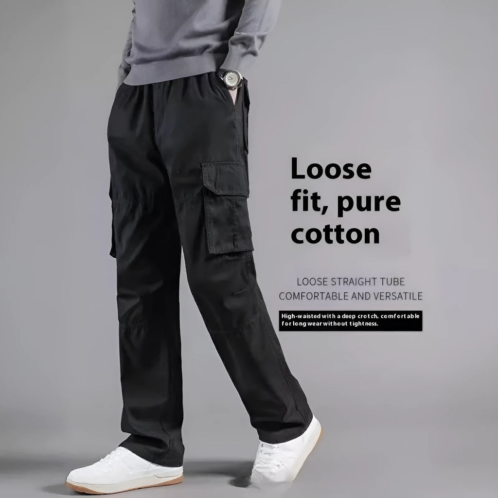 Men's multi-pocket 100% cotton cargo pants in khaki, front view, with zip fly and cargo pockets on legs