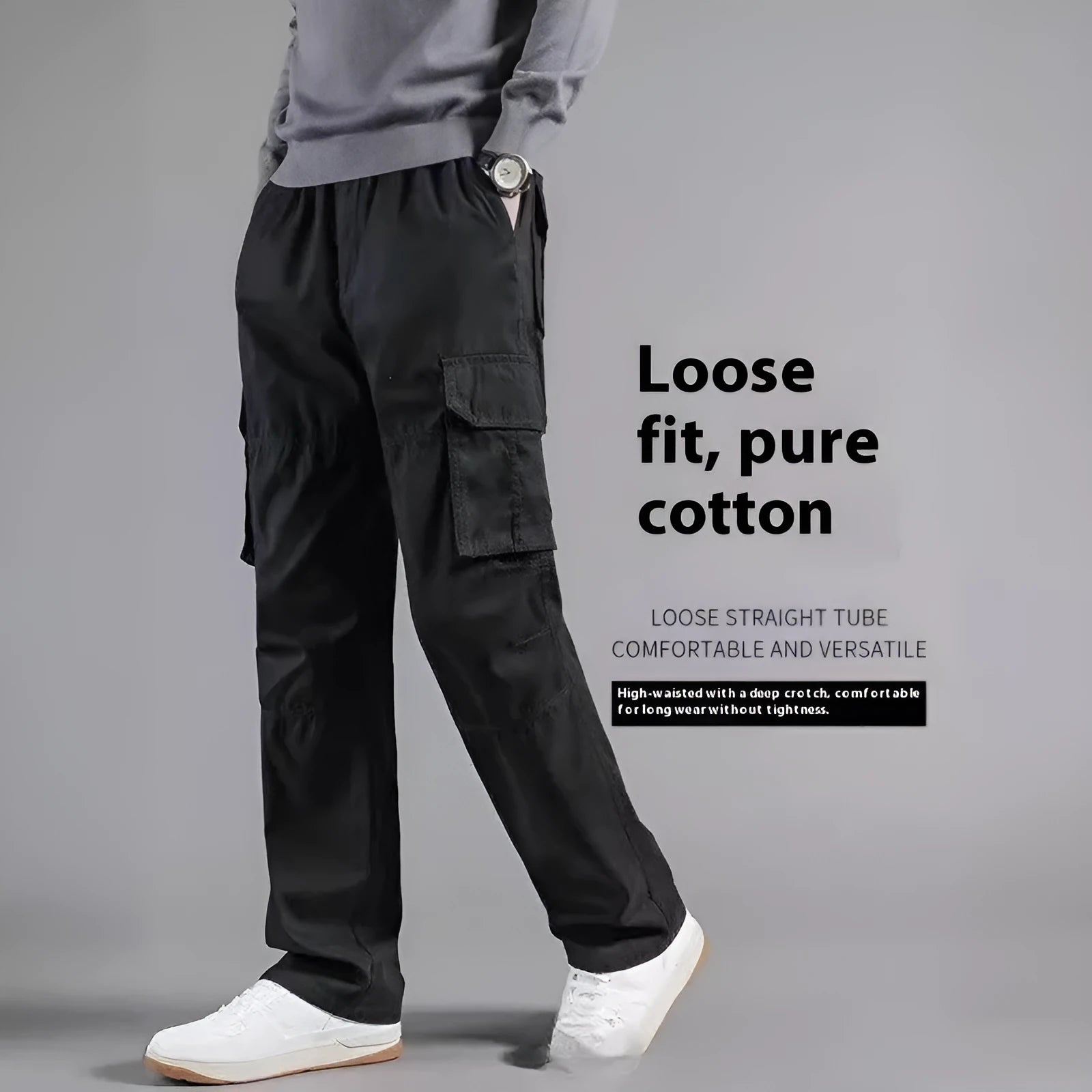 Men's multi-pocket 100% cotton cargo pants in khaki, front view, with zip fly and cargo pockets on legs
