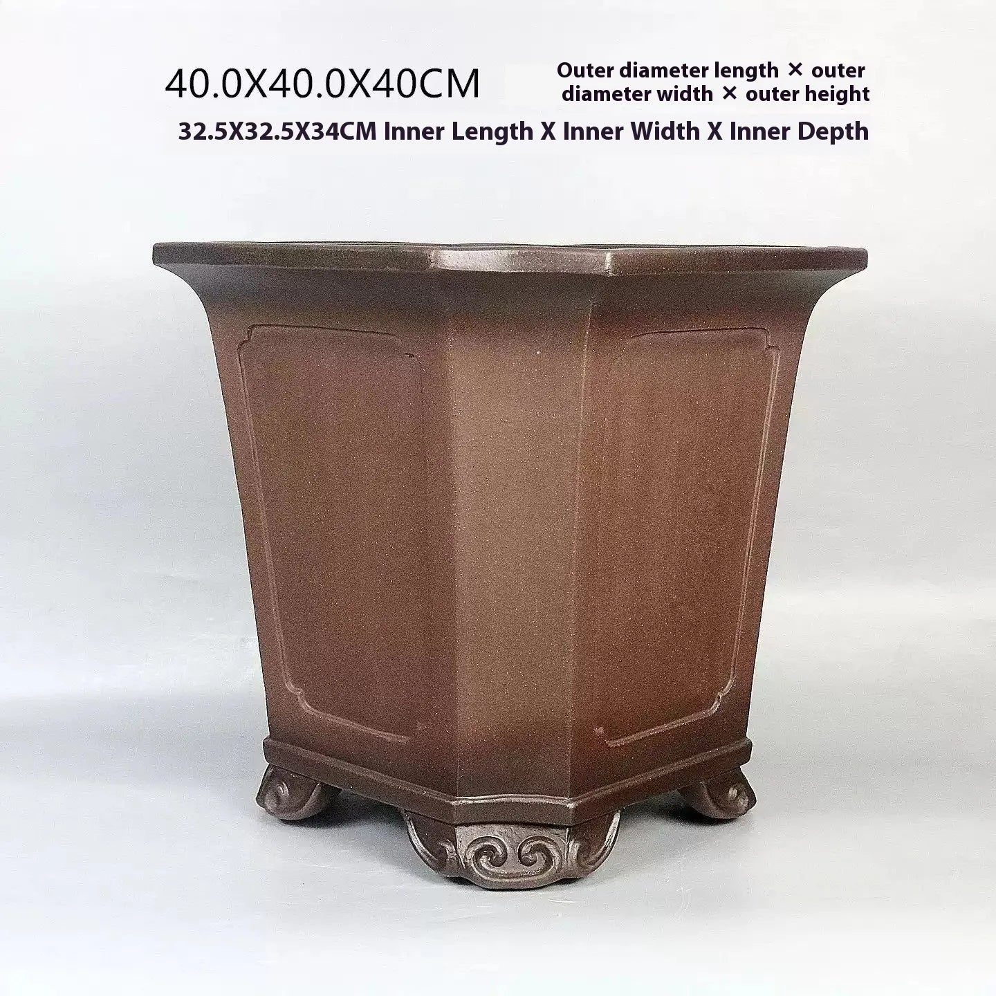 Ceramic antique redware flowerpot purple sand finish 40x40x40cm on a wooden table