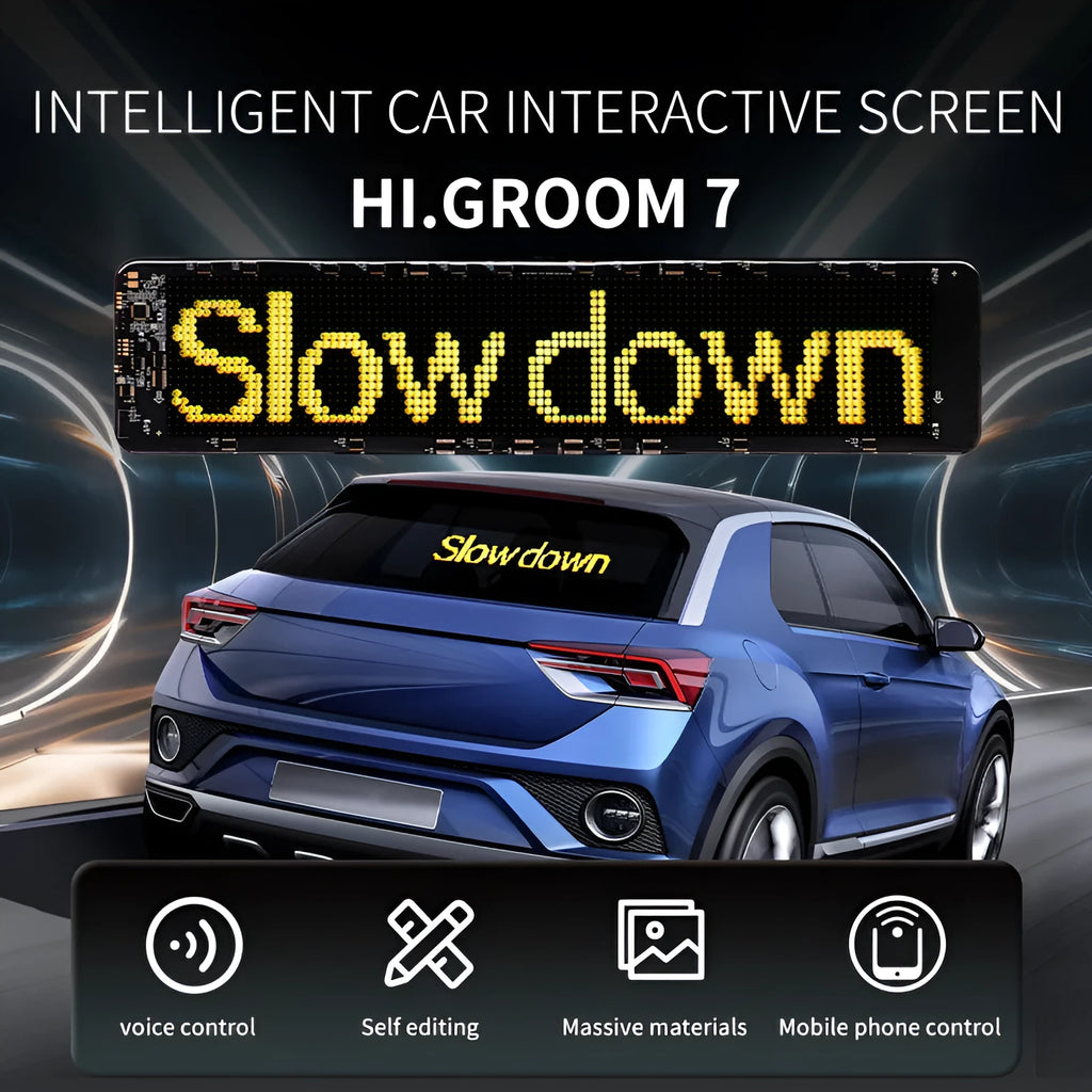 Smart LED bumper sticker with a large rectangular expression screen connected to a mobile phone