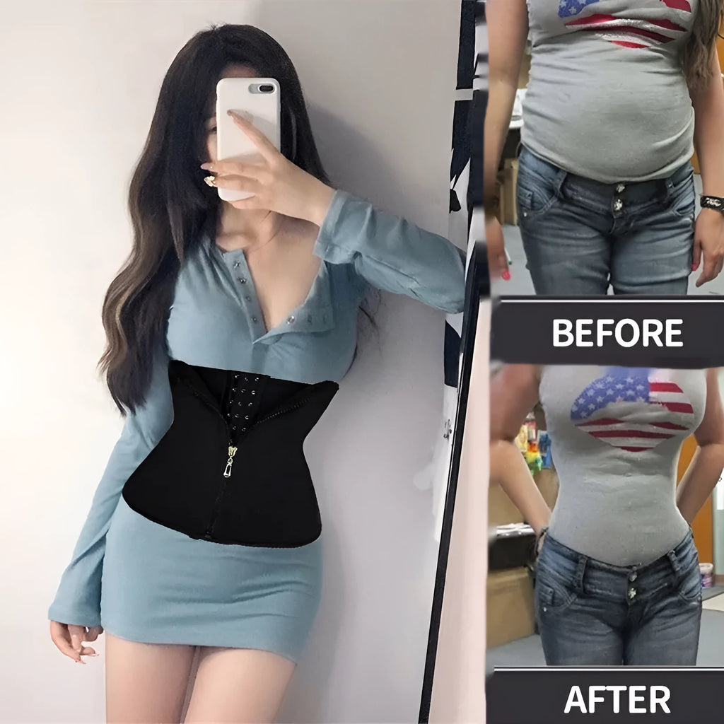 A black neoprene breasted belly band corset for women's abdominal shaping and support.