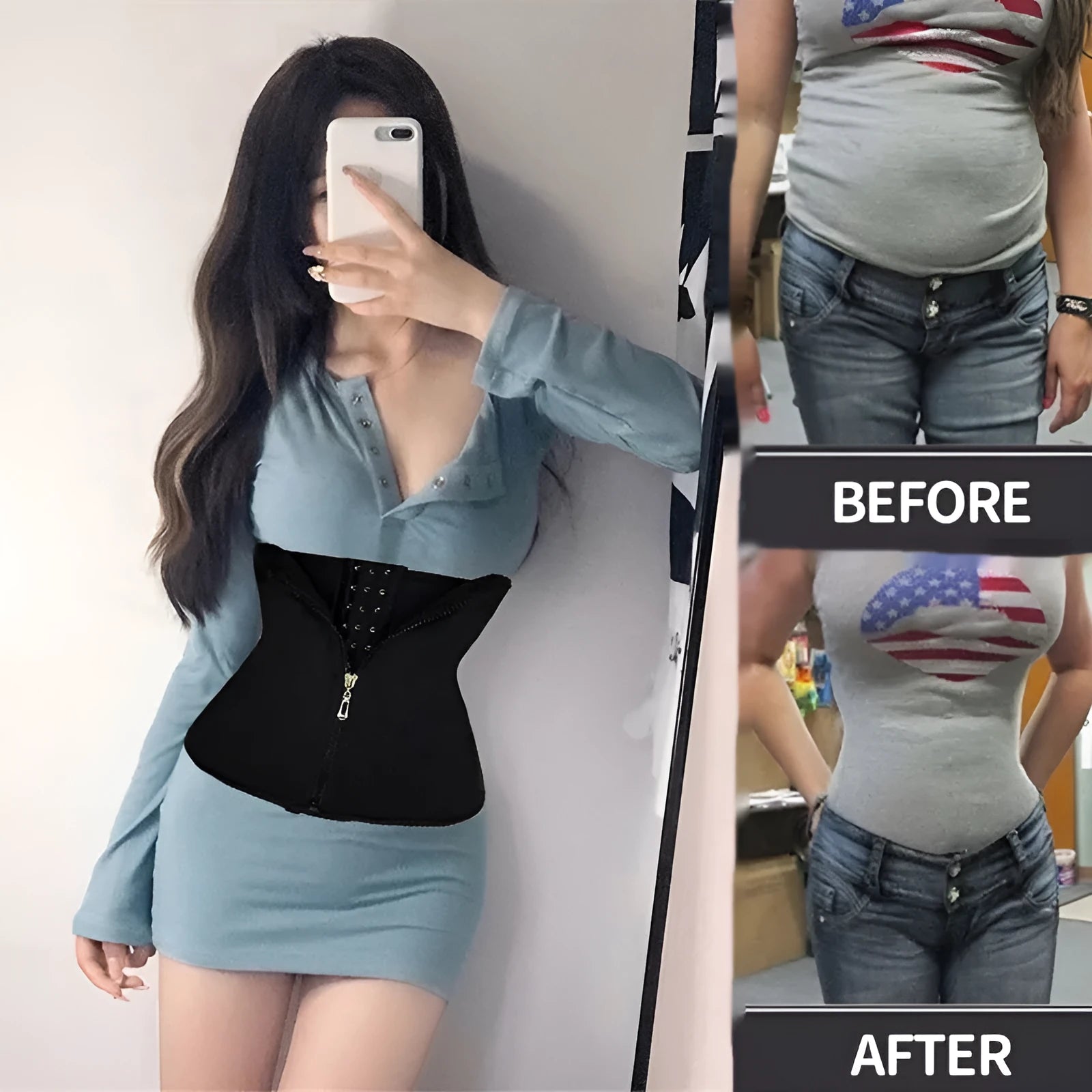 A black neoprene breasted belly band corset for women's abdominal shaping and support.