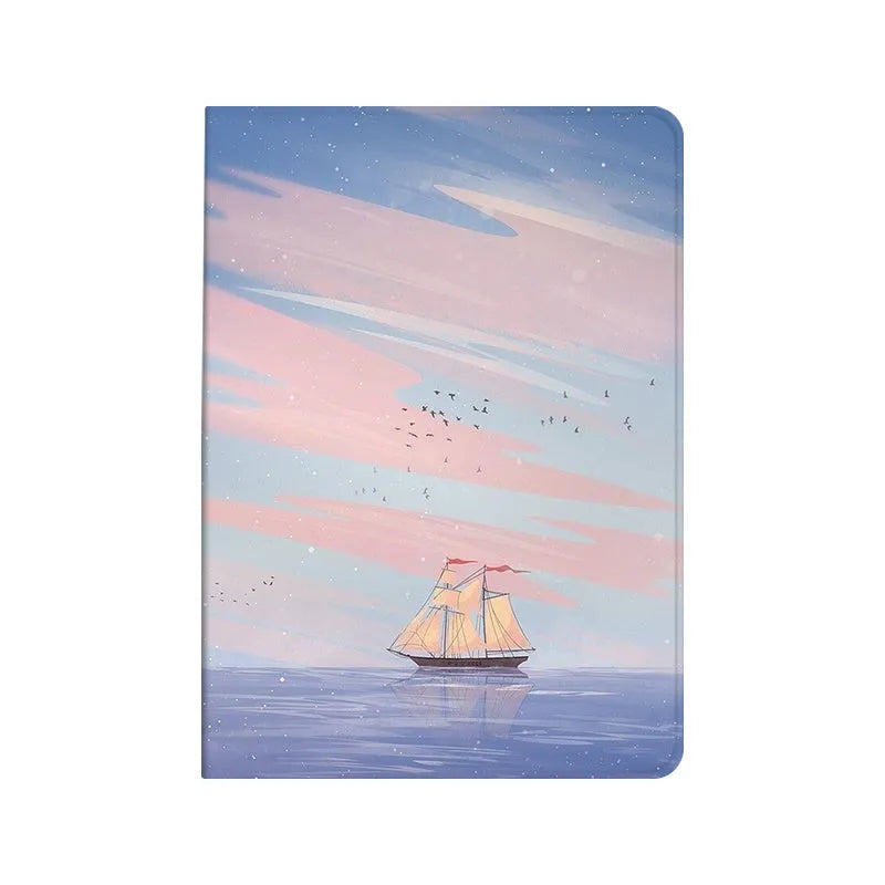 Silicone dreamy painting style sailing cover for iPad with sailboat design, book style case