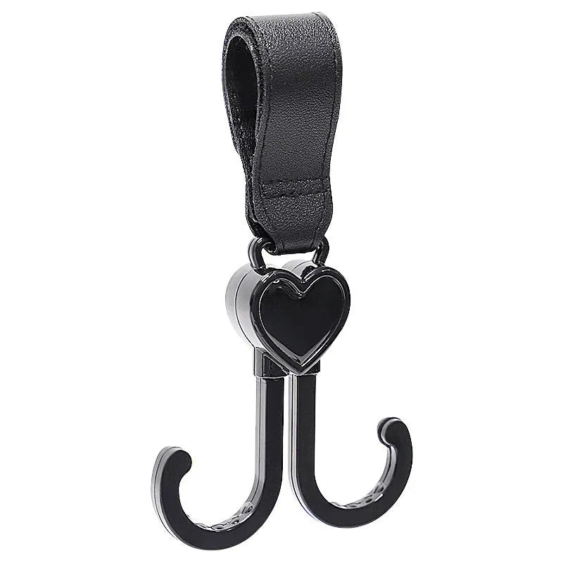 Double hook love hook for baby carriage and electric bike in black leather finish
