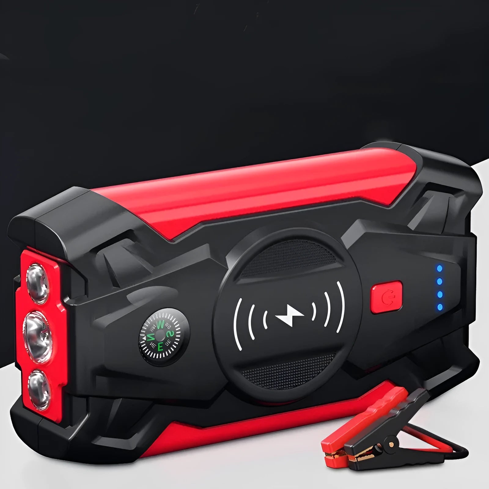 Red car jump starter power pack with digital display and thick battery clips