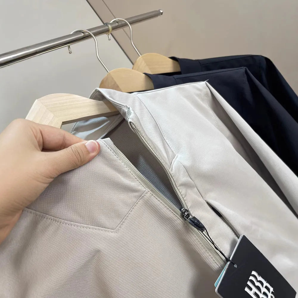 Men's stand collar polyester jacket in straight hem design with long sleeves