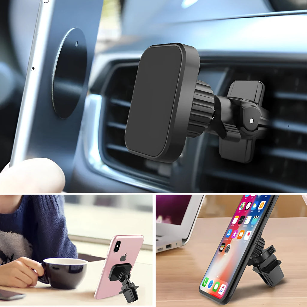 Black magnetic car phone holder mounted on a vehicle air vent, showing square head design.