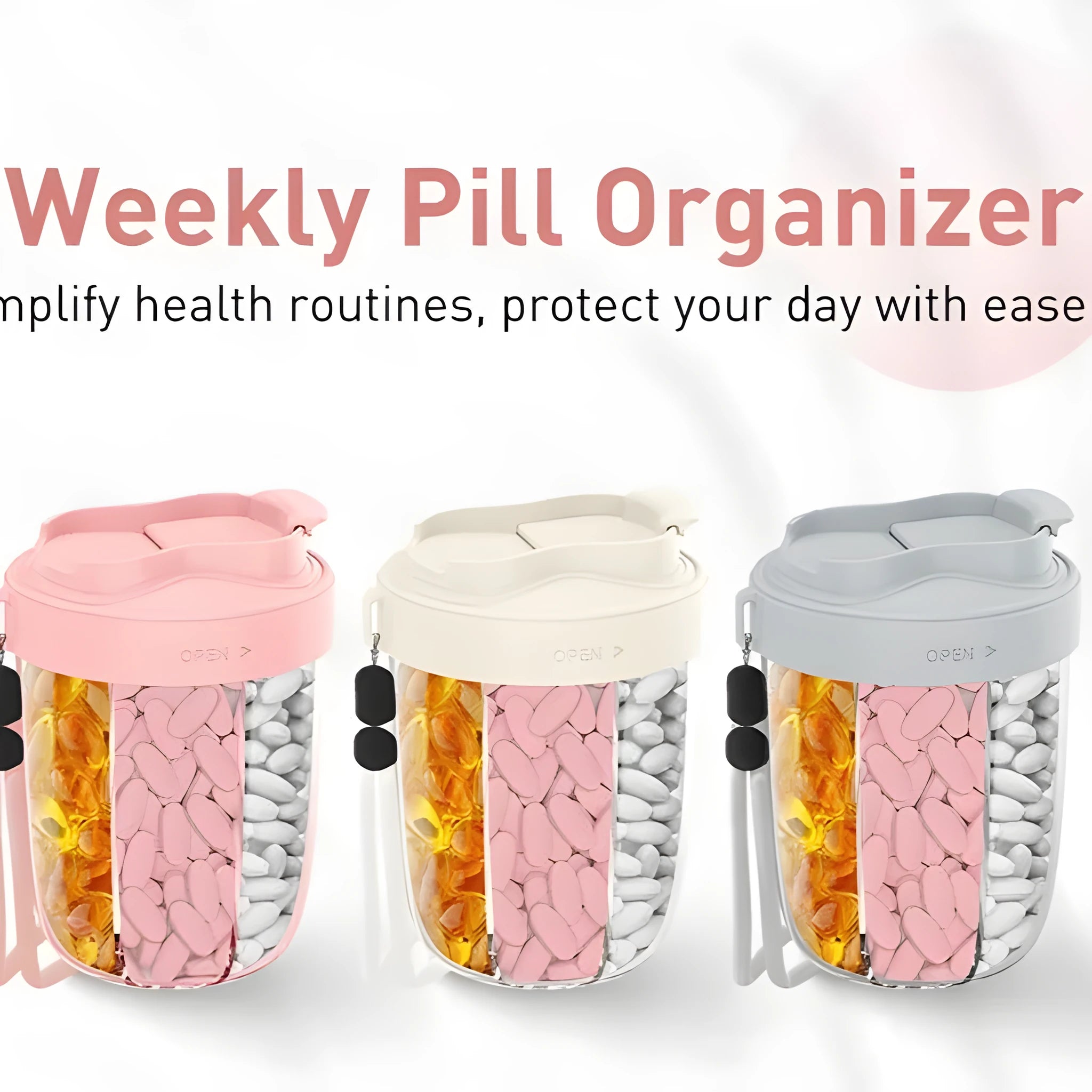 Plastic supplement storage box with seven compartments for tablets, 13.5cm tall, in beige