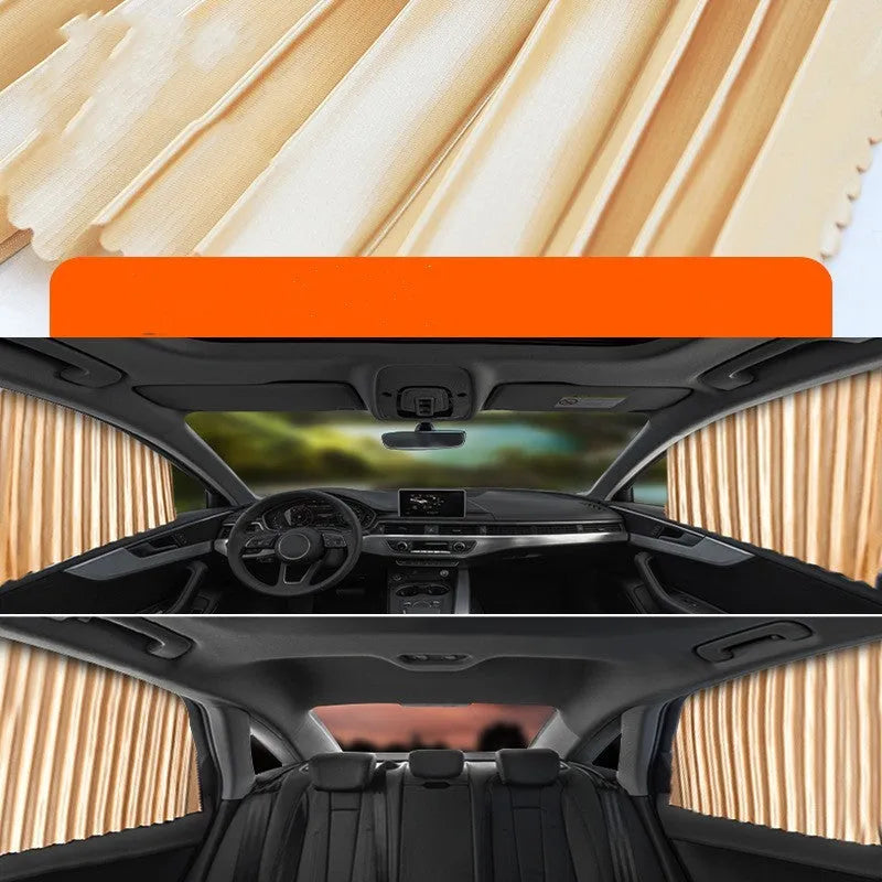 Retractable car sun curtain shown in black colour with roller shutter mechanism extended