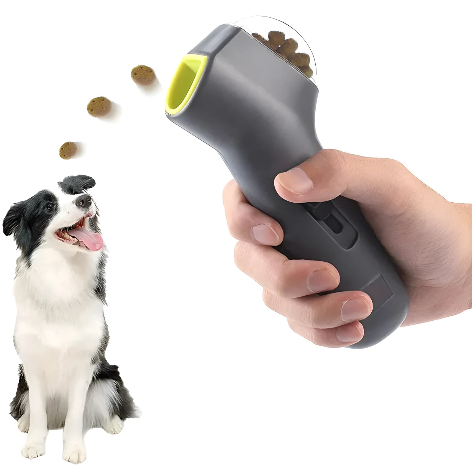 Grey plastic dog treat catapult launcher toy with spring trigger mechanism