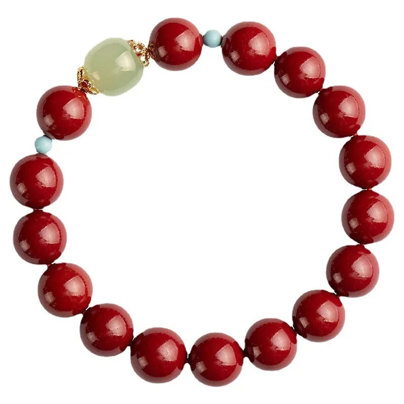 Geometric cinnabar Hetian jade bead bracelet with elliptical purple gold sand beads and coated metal details