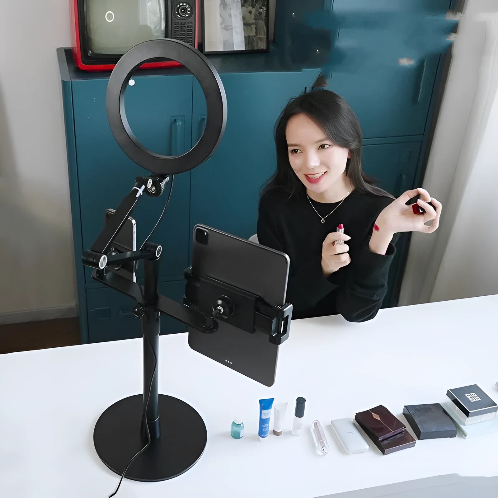 Mobile phone live broadcast desktop multi-camera stand with alloy frame and LP-4p style