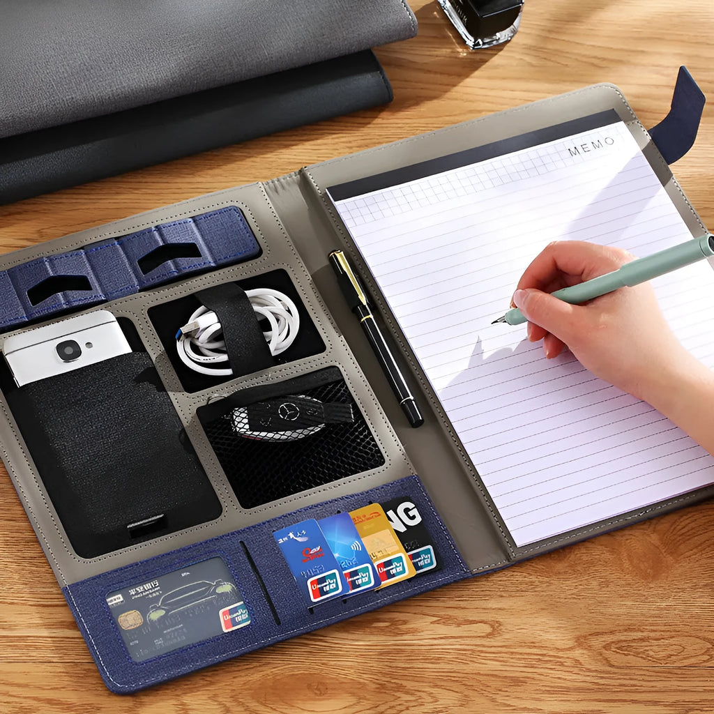 Leather A4 business folder in black with 35mm plate thickness, pen and notepad