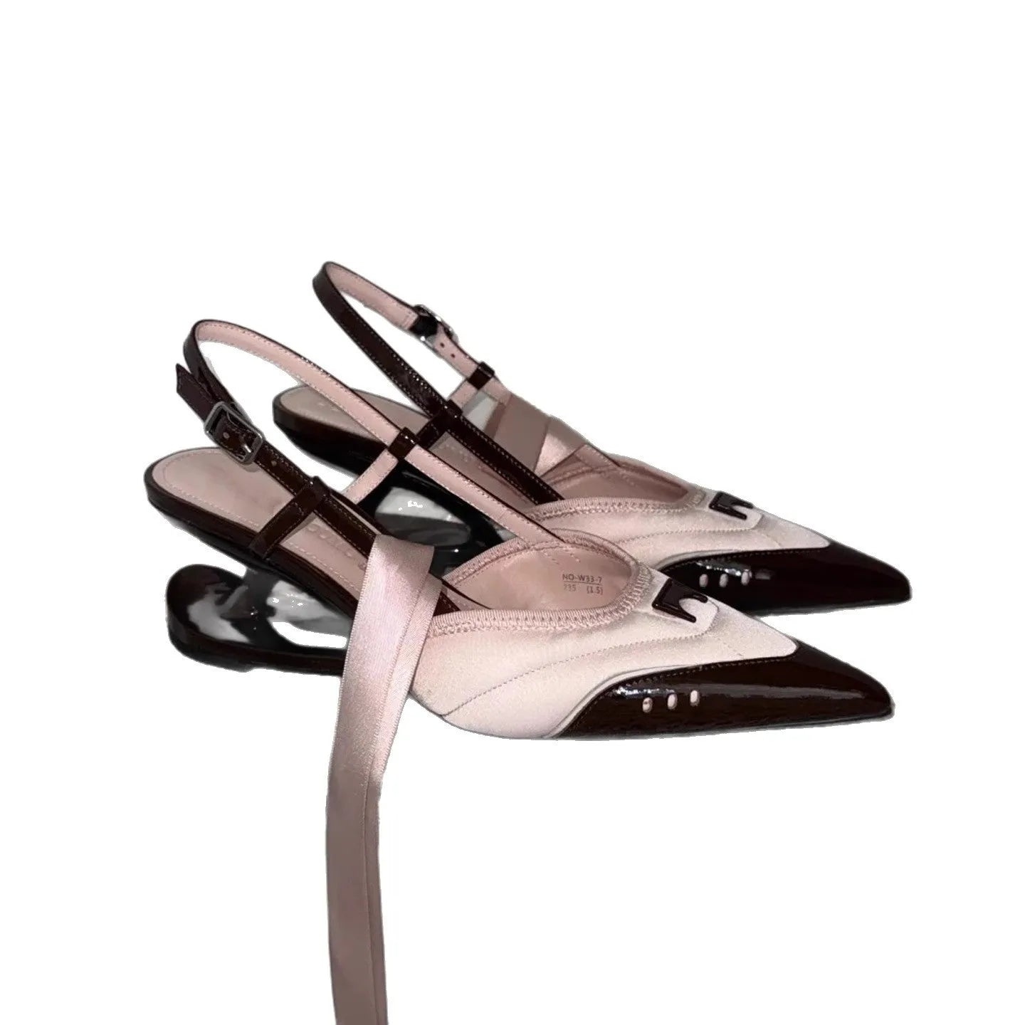 Women's special-shaped root lace-up high heels in black and pink, showing cowhide upper and lace detail.