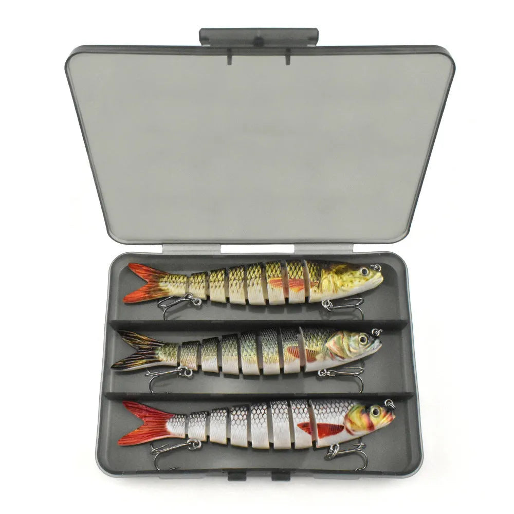 Hard plastic fishing bait lure showing bionic fish design, 133mm long, with colour options and storage box.