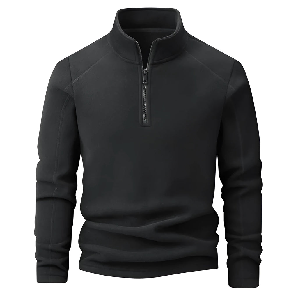 Men's stand collar half-zip long sleeve fleece sweatshirt in dark gray, loose fit, front view