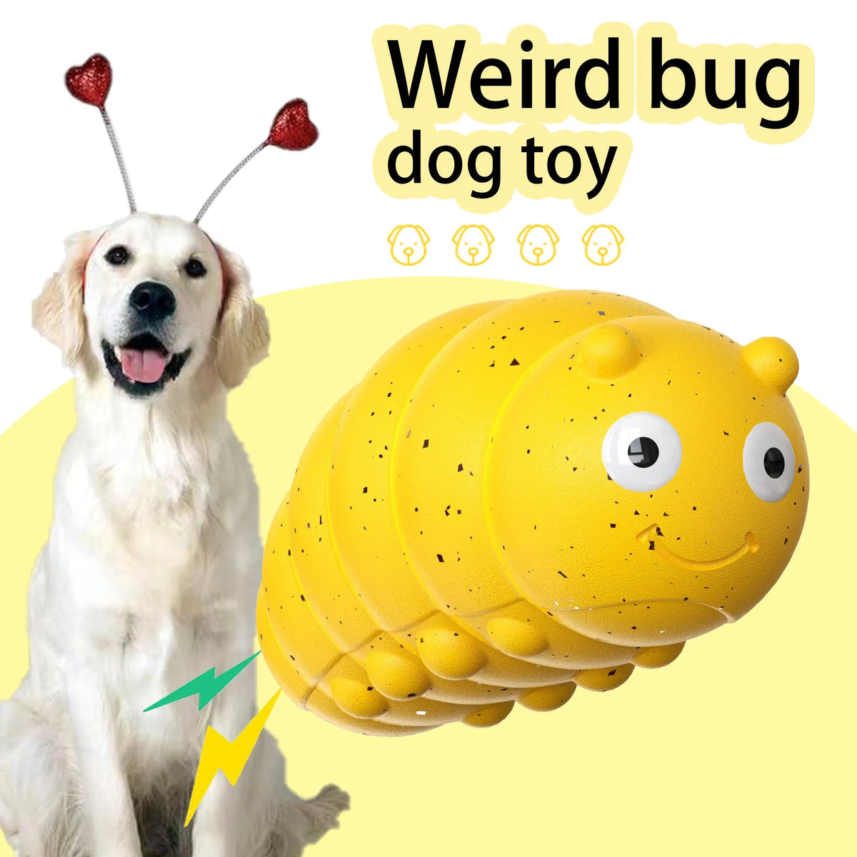 Teething dog toy with weird barking bug design, self-high interactive pet toy in green and yellow