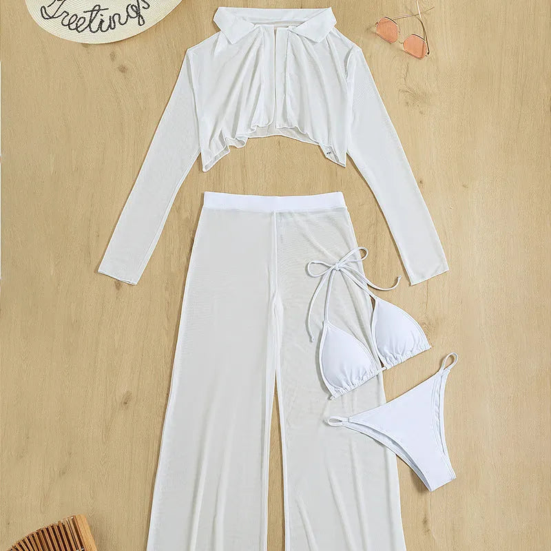 White women's four-piece swimsuit set showing top, high-waist trousers, bra and panties
