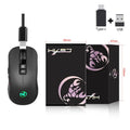Black wireless gaming mouse with RGB breathing lights on a desk, showing ergonomic shape and scroll wheel.