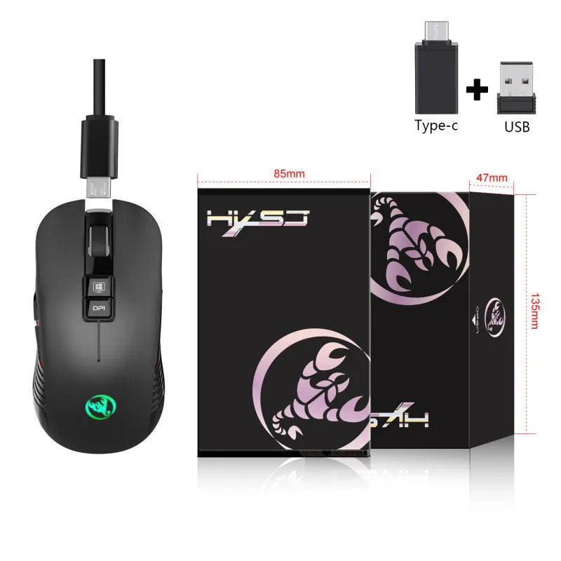Black wireless gaming mouse with RGB breathing lights on a desk, showing ergonomic shape and scroll wheel.