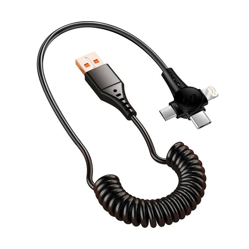 Black telescopic spring data cable with 3-in-1 connector showing Type-C, Micro USB and Lightning ports
