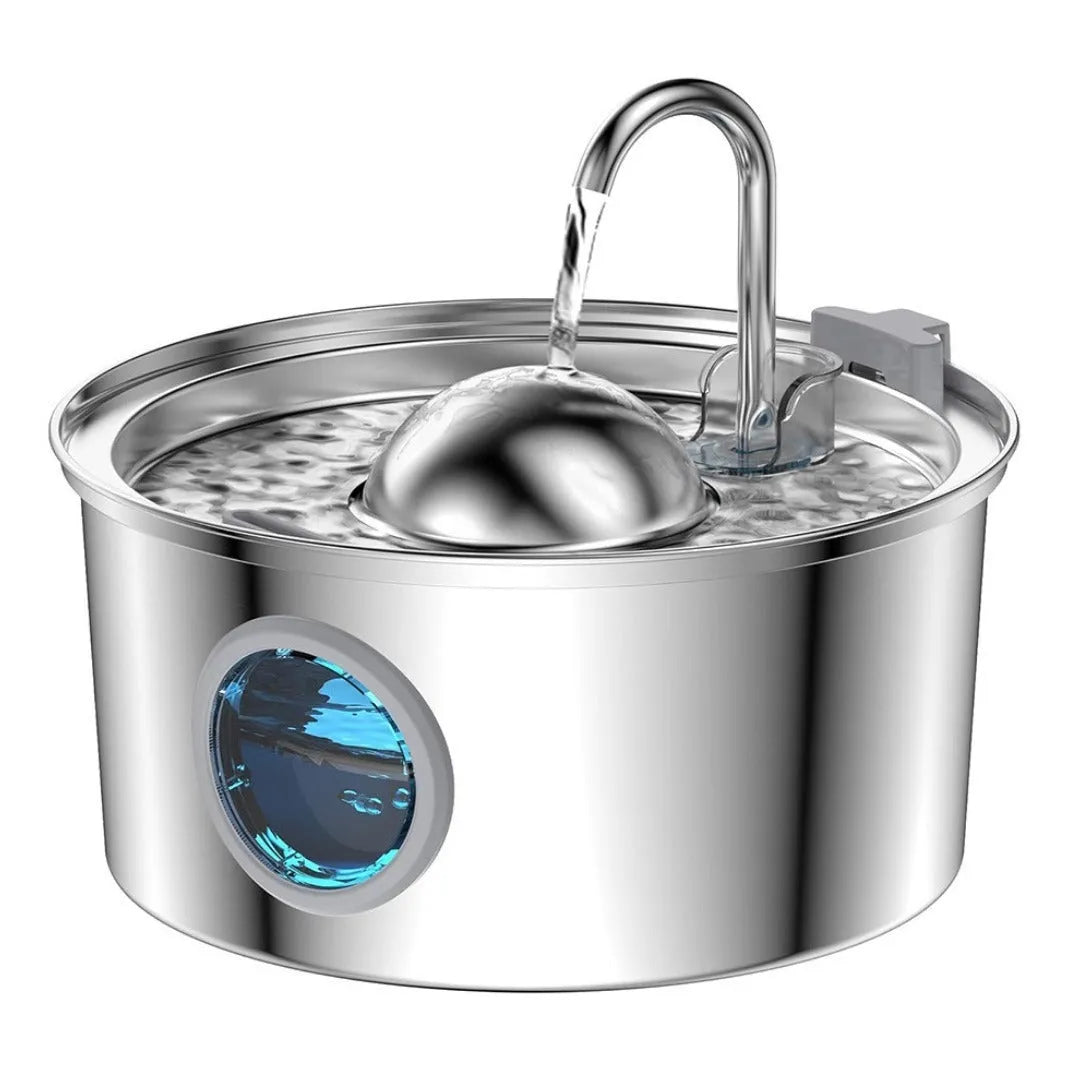 Stainless steel round pet water dispenser with large reservoir and selectable faucet attachment