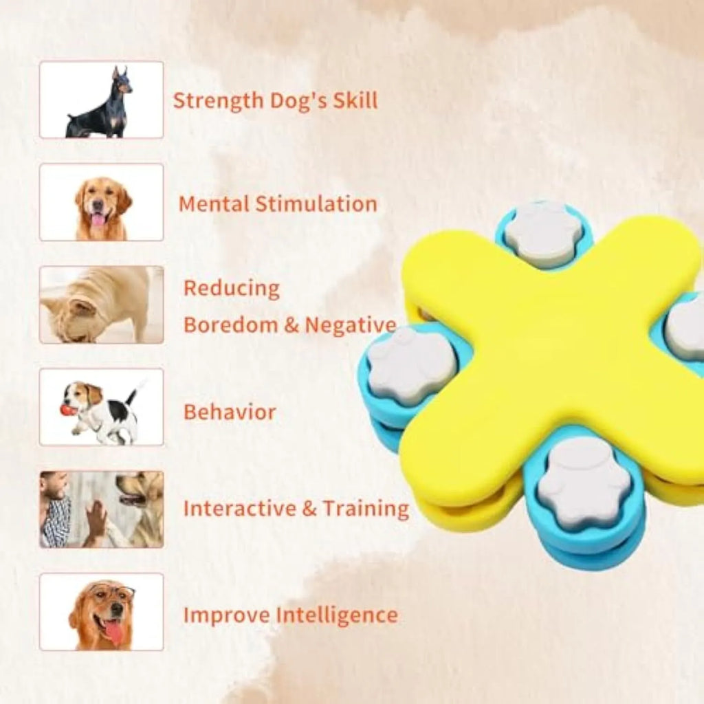Yellow interactive dog puzzle feeder with three rotating layers and anti-slip base for slow feeding and enrichment.