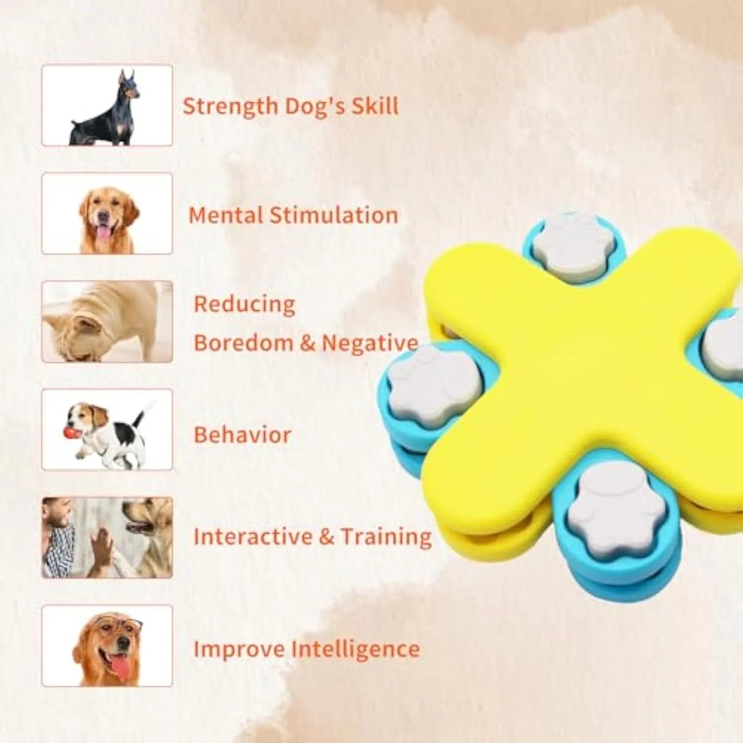 Yellow interactive dog puzzle feeder with three rotating layers and anti-slip base for slow feeding and enrichment.