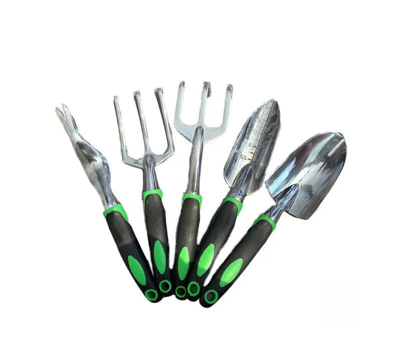 9-piece green aluminium alloy garden tool set with silicone two-colour handles for seedling cultivation