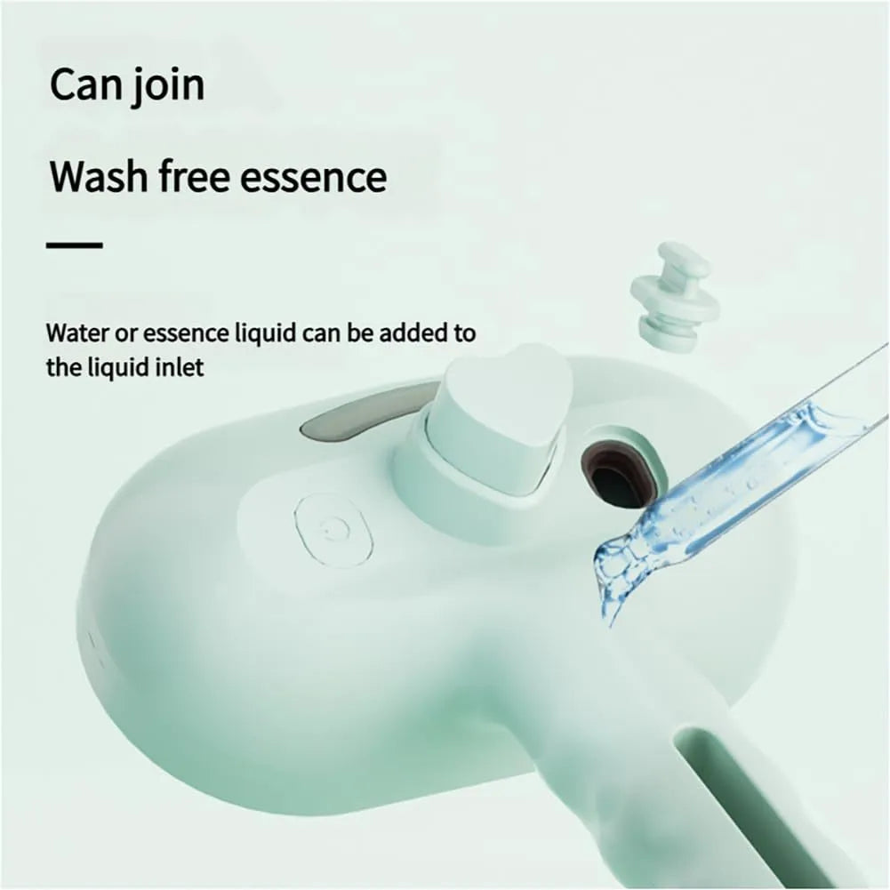 Chevaroo 3-in-1 self-cleaning pet steam brush with silicone bristles and nano mist, green colour, on white background