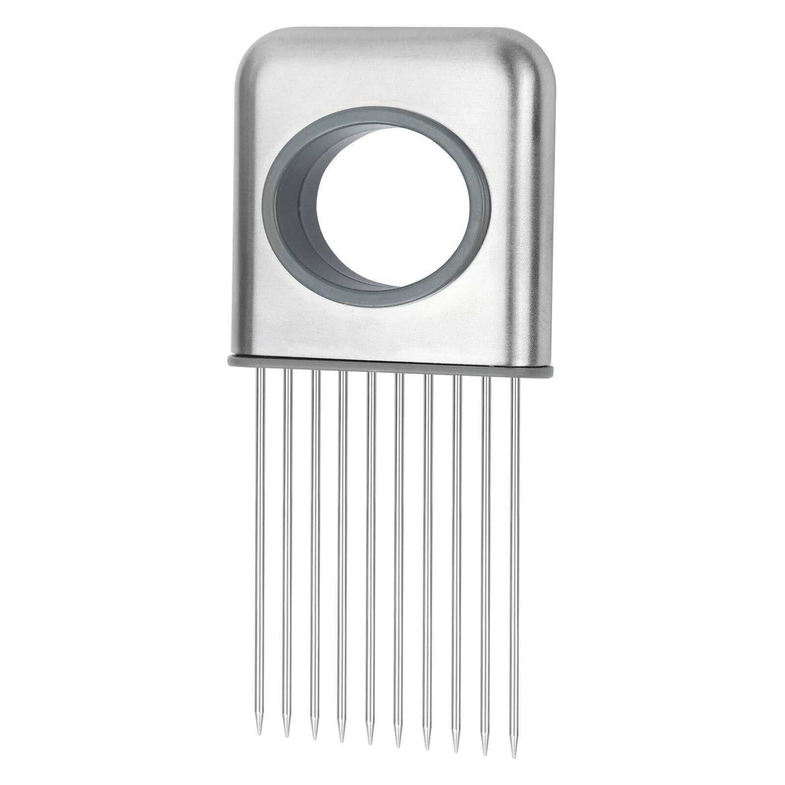 Stainless steel onion holder slicer with sharp prongs and a red finger guard on a cutting board.