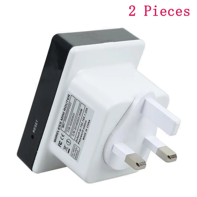 300Mbps WiFi repeater with dual Ethernet ports and UK plug, white plastic housing
