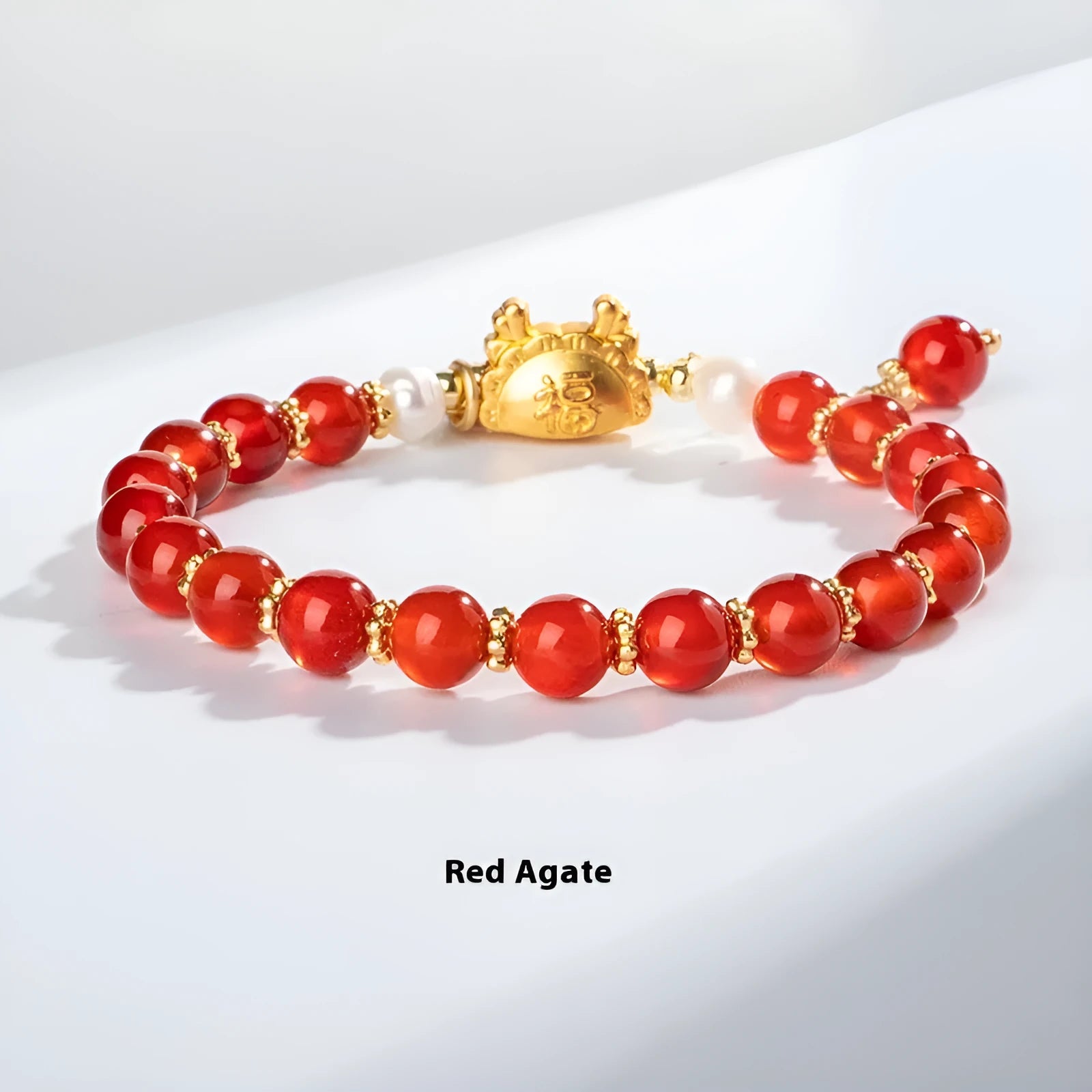 Handmade natural agate bracelet with dragon zodiac charm and 8mm round beads.