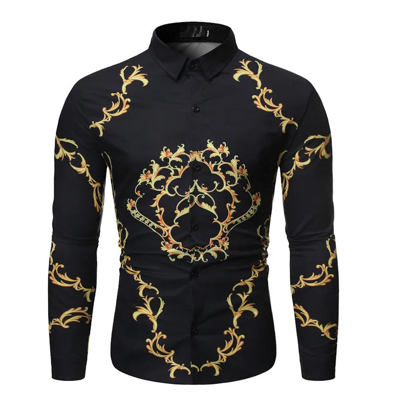 Mens long sleeve slim fit casual shirt with flower print and colour matching detail in black or navy blue