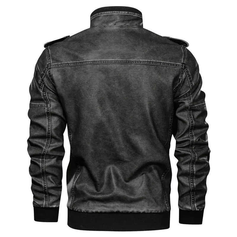 European and American style men's PU leather coat in blue with side pockets and regular fit