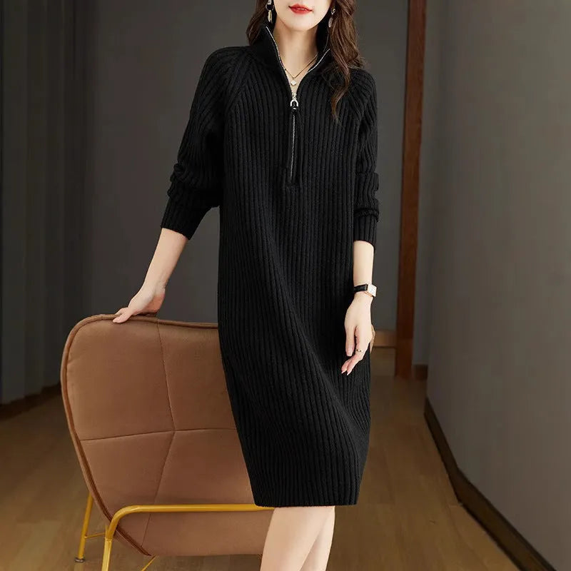 Half zip casual woolen skirt with stand collar and wide waist in straight dress silhouette