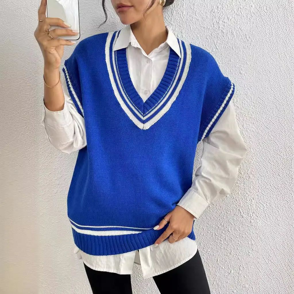 Women's college style wool vest sweater in loose fit pullover design showing black, blue and coffee colour options