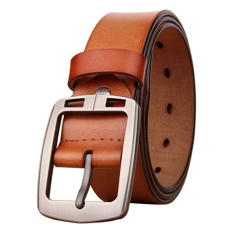 Genuine leather retro men's belt with alloy pin buckle, available in black, coffee, and yellow brown