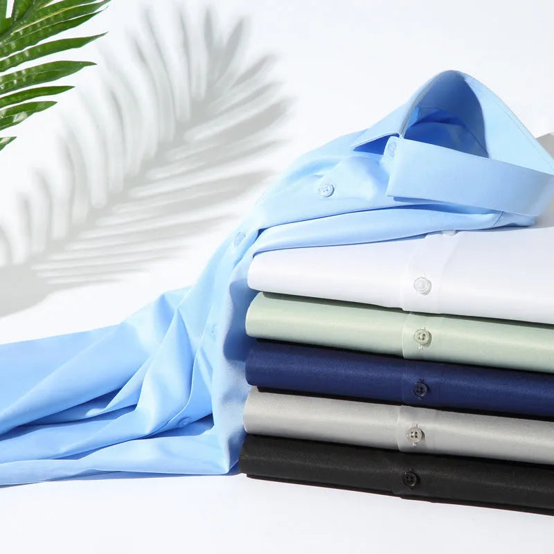 Men's solid colour long-sleeved shirt in elastic silk polyester fabric with non-ironing properties
