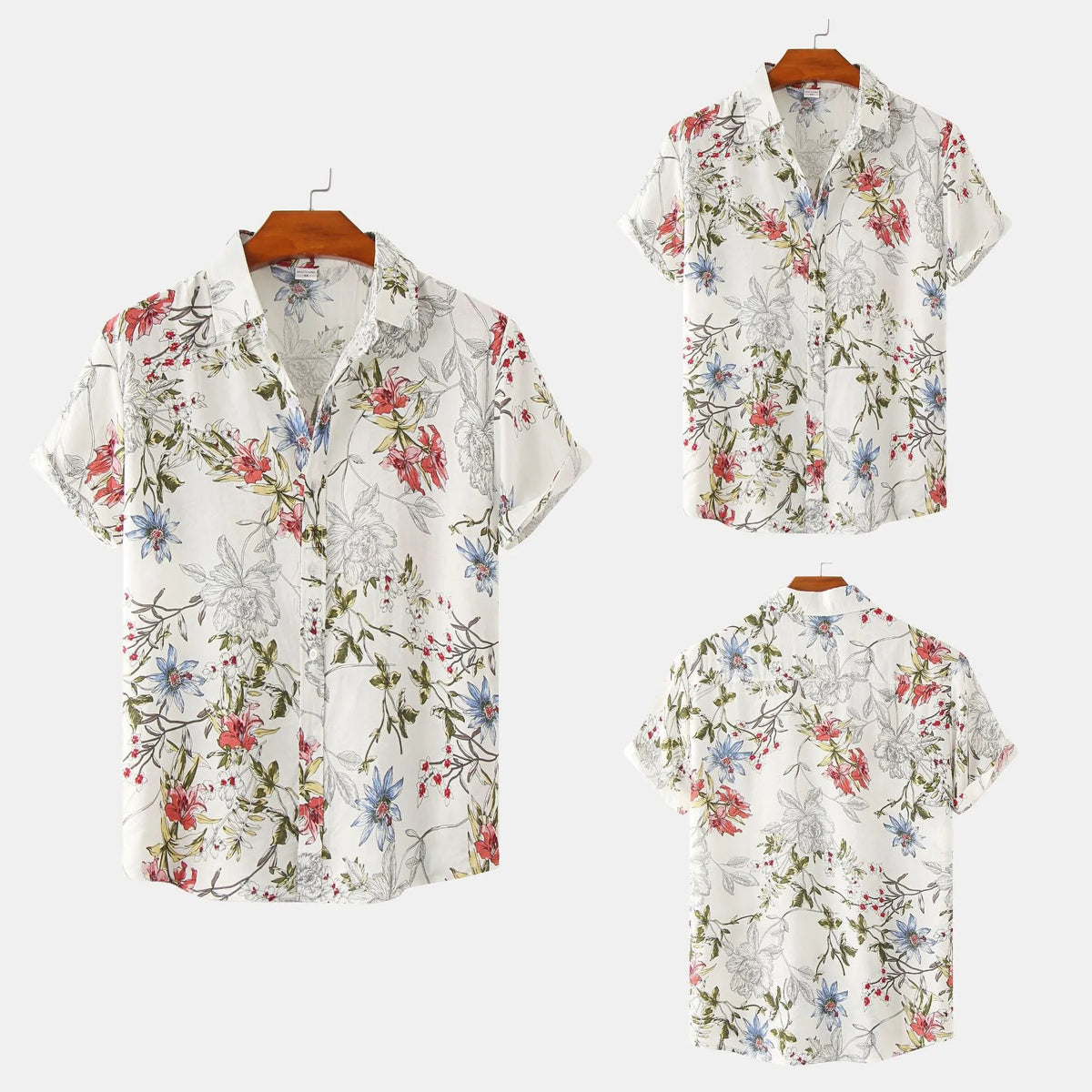 Men's floral short sleeve shirt slim fit cotton top in white khaki black sizes M to 3XL