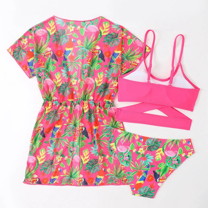 Girls floral split overclothes swimsuit bikini set in pictured colour for swimming activities