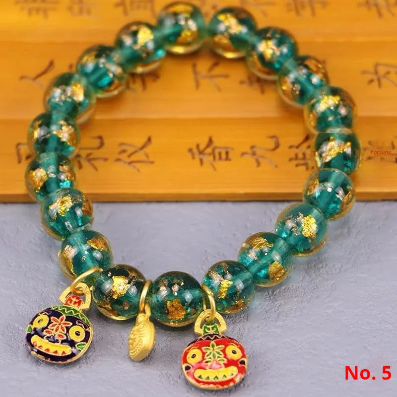 Ancient French Glaze geometric glass bead bracelet with auspicious patterns in red, purple, blue, green, black or colourful.