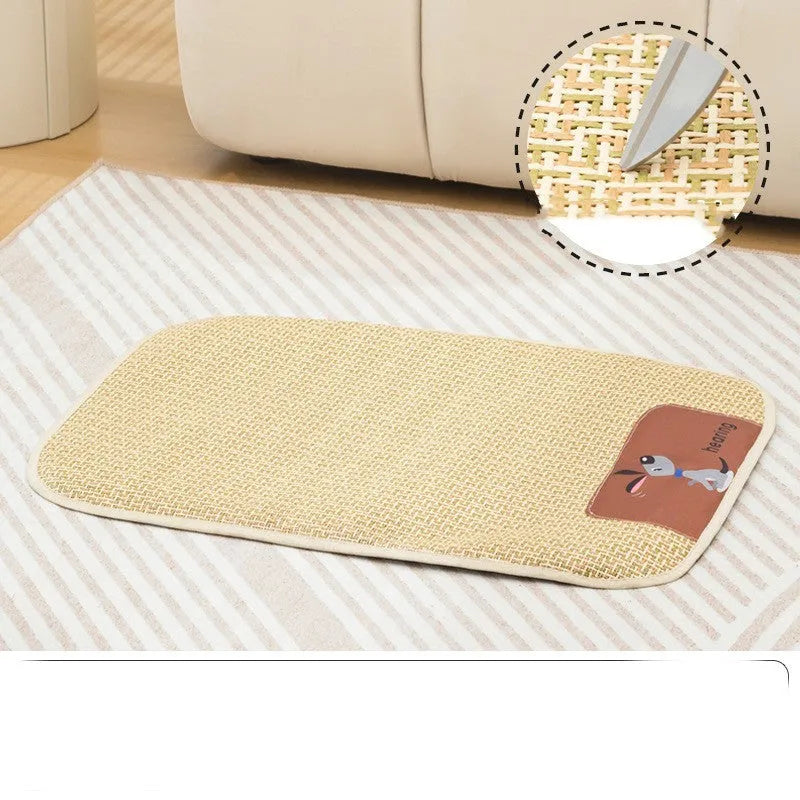 Beige woven pet cooling mat for cats and dogs, size M (75x55cm), laid on a wooden floor