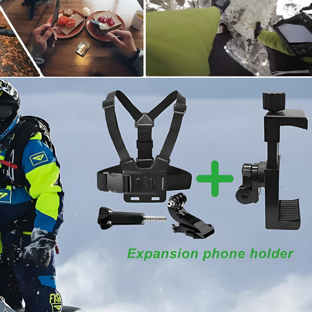 Black PC 9-in-1 chest strap and headband suit for sports cameras and smartphones, measuring 20x20x6cm