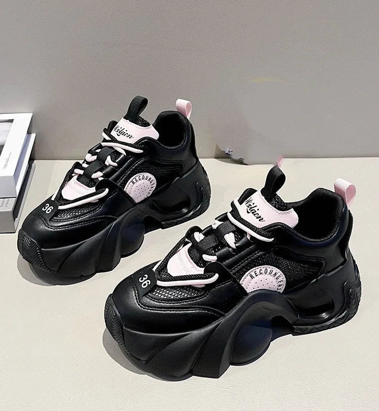 Women's pink casual sneakers with thick sole and cross shoulder strap design