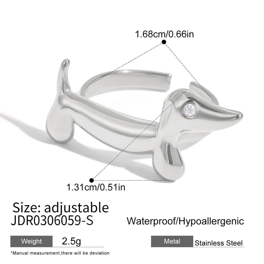 Niche design stainless steel ring with cat and dog geometric shape for women, electroplated finish, multiple colour options
