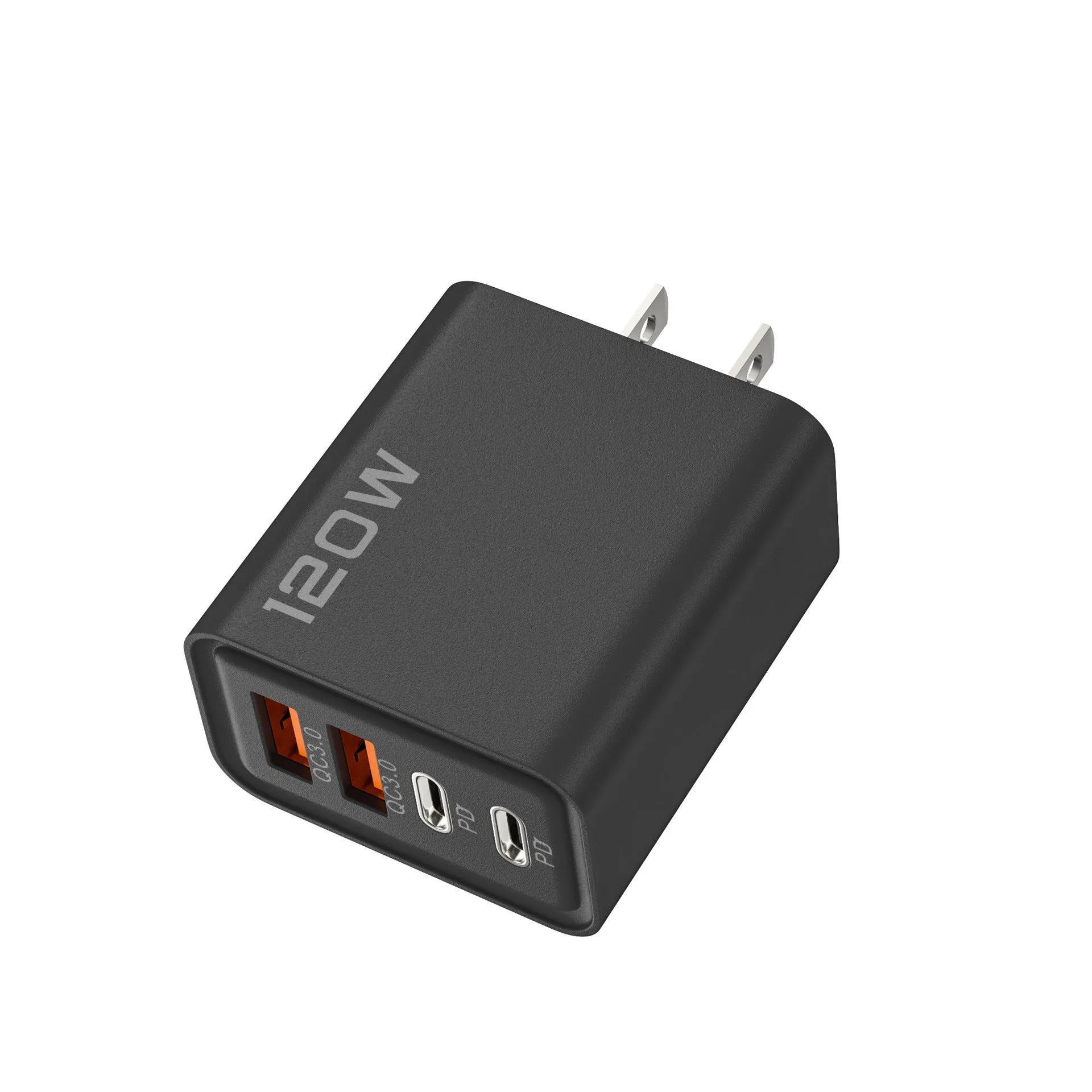 120W dual PD dual USB wall charger in Black, White, and Yellow with UK and EU plug options