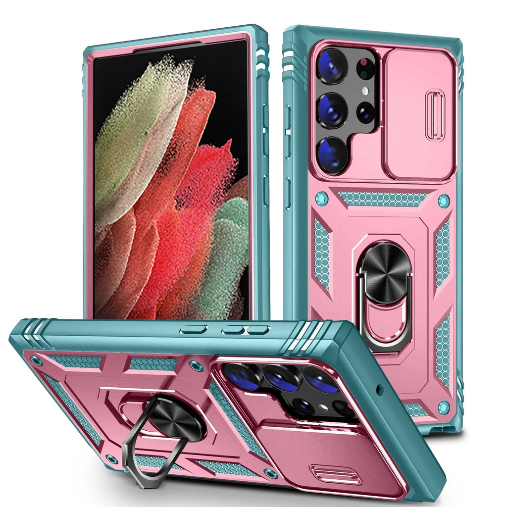 S24 Ultra phone case with sliding window bracket, PC drop-resistant cover, multiple colours