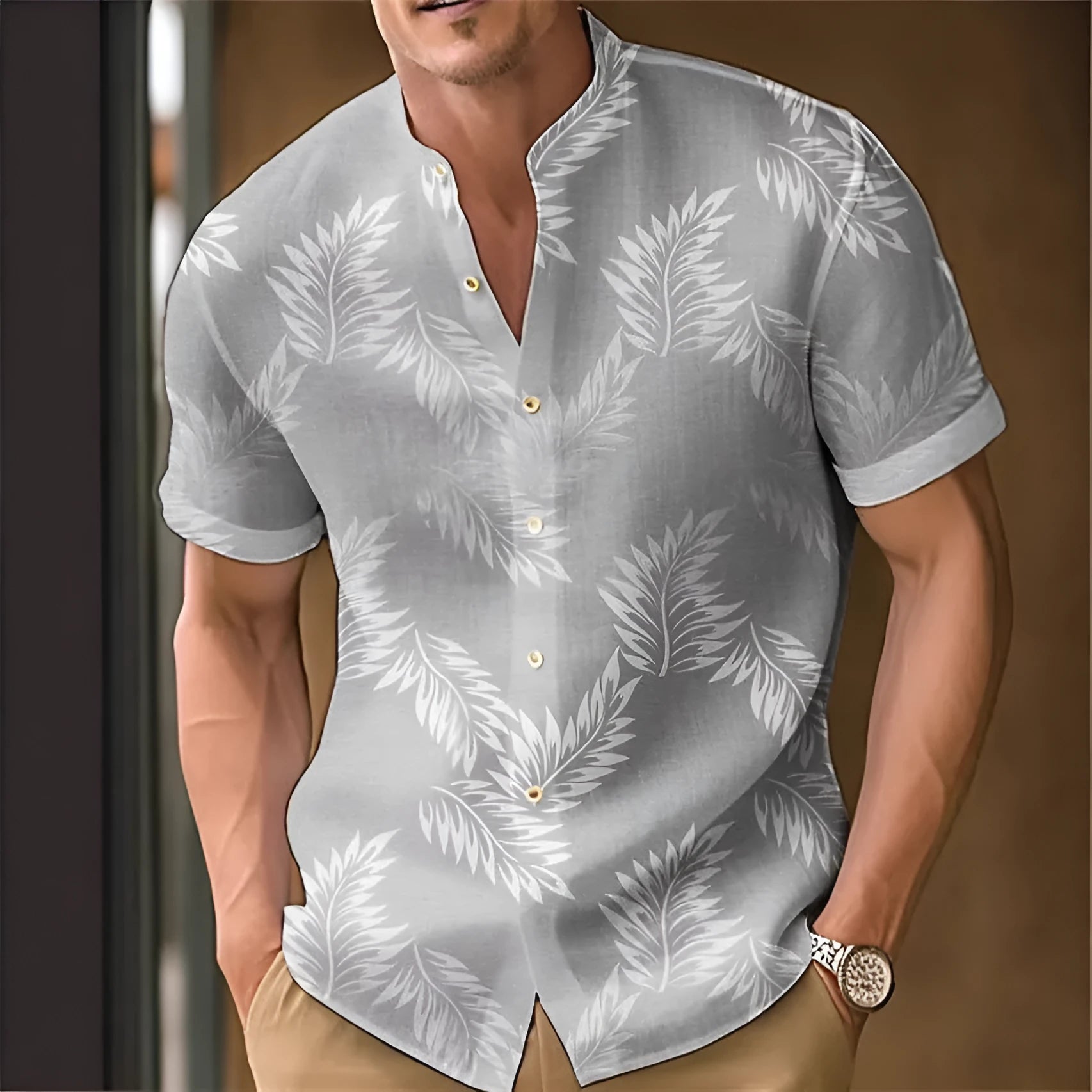 Men's printed casual polyester shirt on a hanger, showing one of the available colour options.