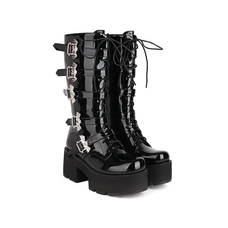 Women's black matte chunky-heel thigh-high boots with round toe and side zipper